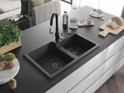 Mexen Tomas gránit mosogató 2-medencés Savita konyhai csappal, fekete pöttyös - 6516-76-672601-70-B