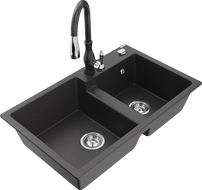 Mexen Tomas chiuvetă din granit cu 2 compartimente și baterie de bucătărie Savita, negru cu pete - 6516-76-672601-76