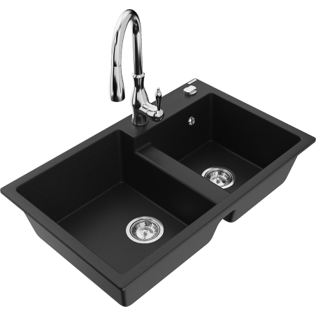 Mexen Tomas chiuvetă din granit cu 2 compartimente și baterie de bucătărie Savita, negru - 6516-77-672601-00