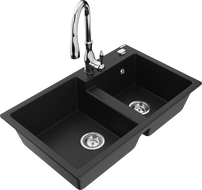 Mexen Tomas chiuvetă din granit cu 2 compartimente și baterie de bucătărie Savita, negru - 6516-77-672601-00