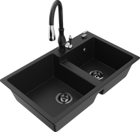 Mexen Tomas kétkamrás gránit mosogató konyhai csappal Savita, fekete - 6516-77-672601-70-B