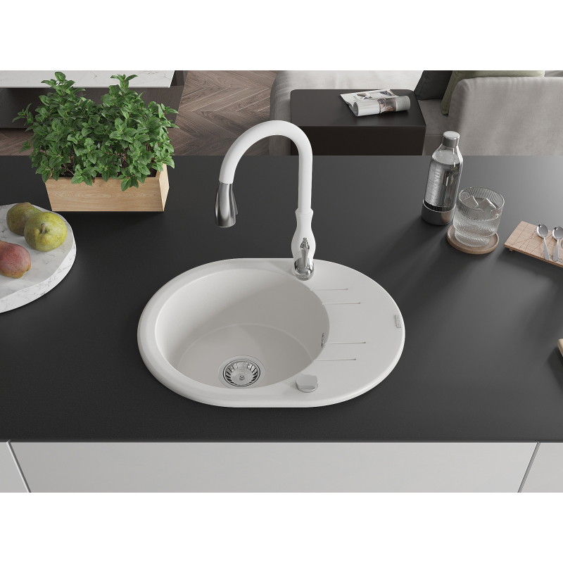 Mexen Kevin gránit mosogató 1 rekesszel, lefolyóval és konyhai csappal Savita, fehér - 6517-20-672601-20