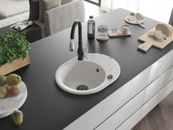 Mexen Kevin chiuvetă de granit cu 1 compartiment, cu scurgător și baterie de bucătărie Savita, alb - 6517-20-672601-70