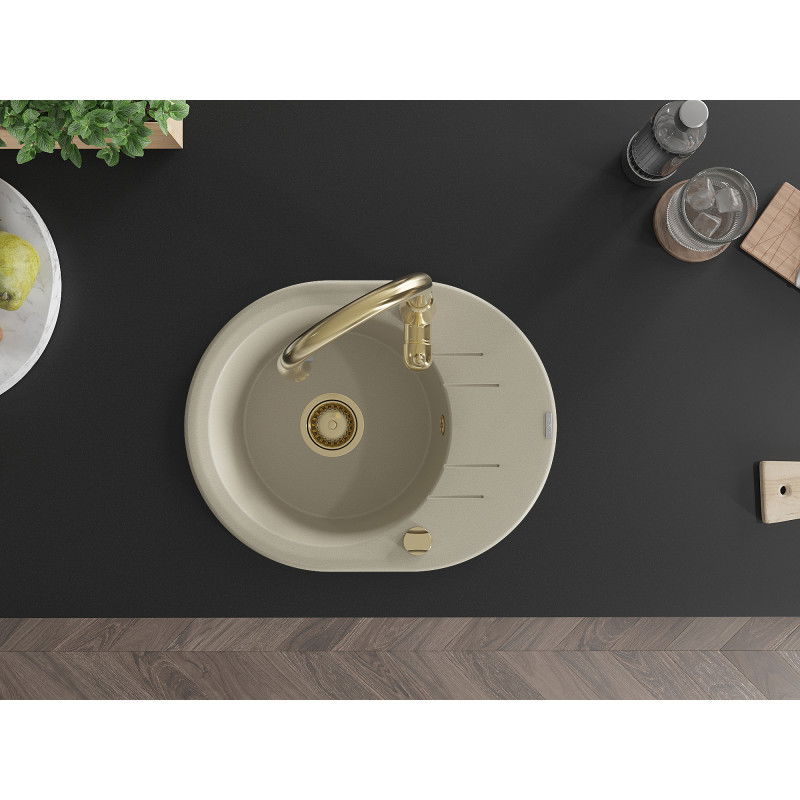 Mexen Kevin gránit mosogató 1 rekeszes csepegtető és Savita konyhai csappal, bézs - 6517-69-672601-50