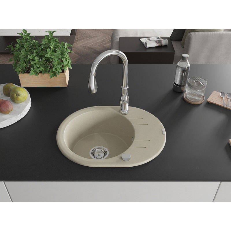 Mexen Kevin Chiuvetă de granit 1-comparteiment cu scurgător și baterie de bucătărie Savita, bej - 6517-69-672601-00
