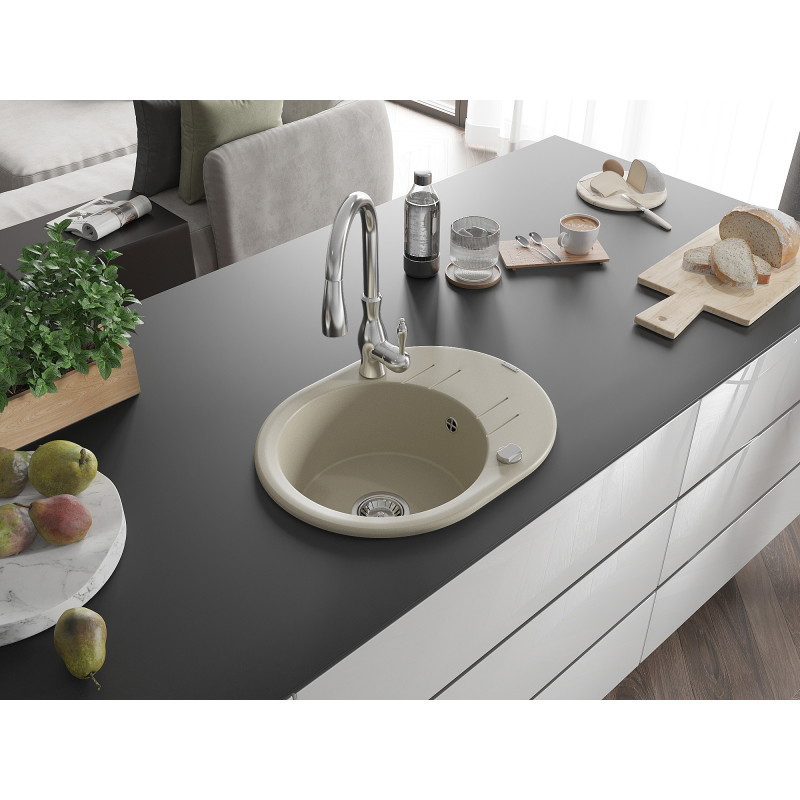 Mexen Kevin Chiuvetă de granit 1-comparteiment cu scurgător și baterie de bucătărie Savita, bej - 6517-69-672601-00