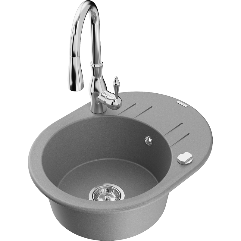 Mexen Kevin chiuvetă de bucătărie din granit cu o cuvă și scurgător, cu baterie Savita, gri - 6517-71-672601-00