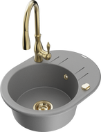 Mexen Kevin chiuvetă din granit cu 1 compartiment, cu picurător și baterie de bucătărie Savita, gri - 6517-71-672601-50