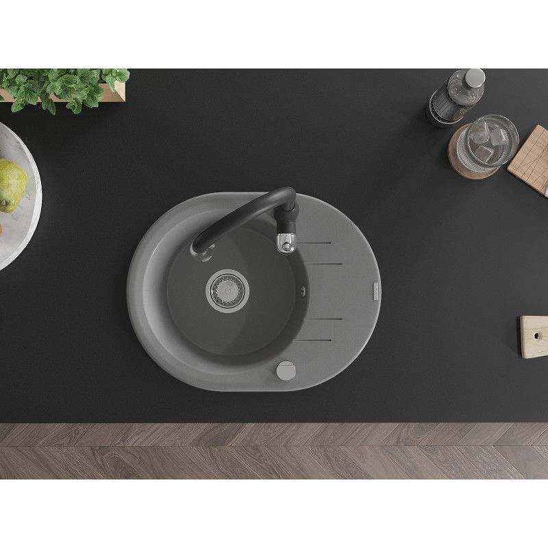 Mexen Kevin chiuvetă din granit cu o singură cuvă cu scurgător și baterie de bucătărie Savita, gri - 6517-71-672601-70