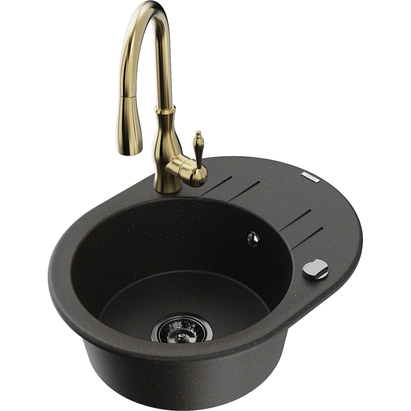 Mexen Kevin chiuvetă din granit cu 1 compartiment, cu scurgător și baterie de bucătărie Savita, negru/auriu metalic
