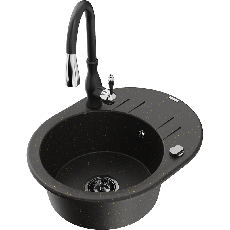 Mexen Kevin gránit 1-medencés mosogató csepegtetővel és Savita konyhai csapteleppel, fekete/arany metál - 6517-75-672601-70-B