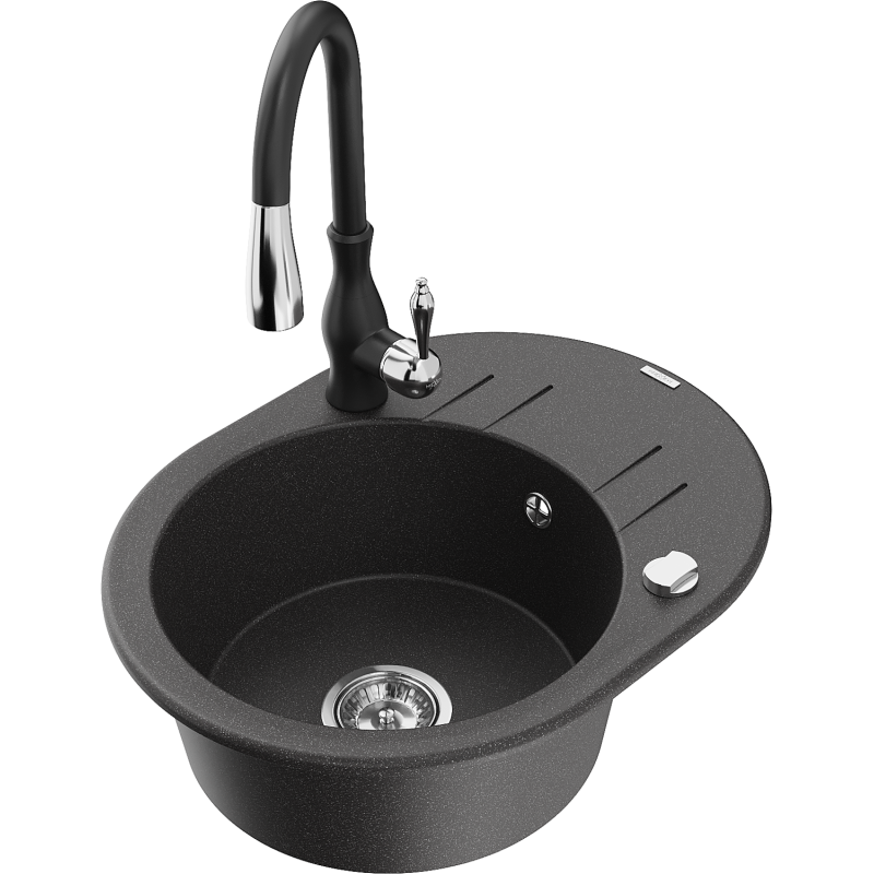 Mexen Kevin chiuvetă de granit cu 1 cuvă cu scurgător și baterie de bucătărie Savita, negru cu pete - 6517-76-672601-70