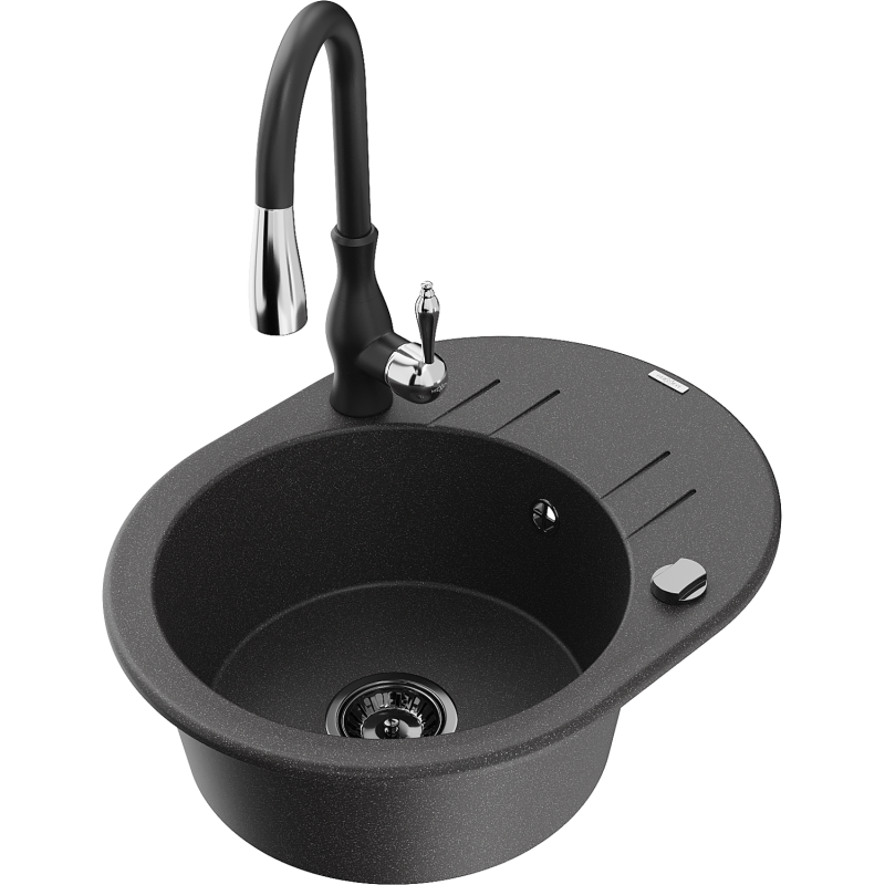 Mexen Kevin chiuvetă din granit cu 1 compartiment cu scurgător și baterie de bucătărie Savita, negru stropit