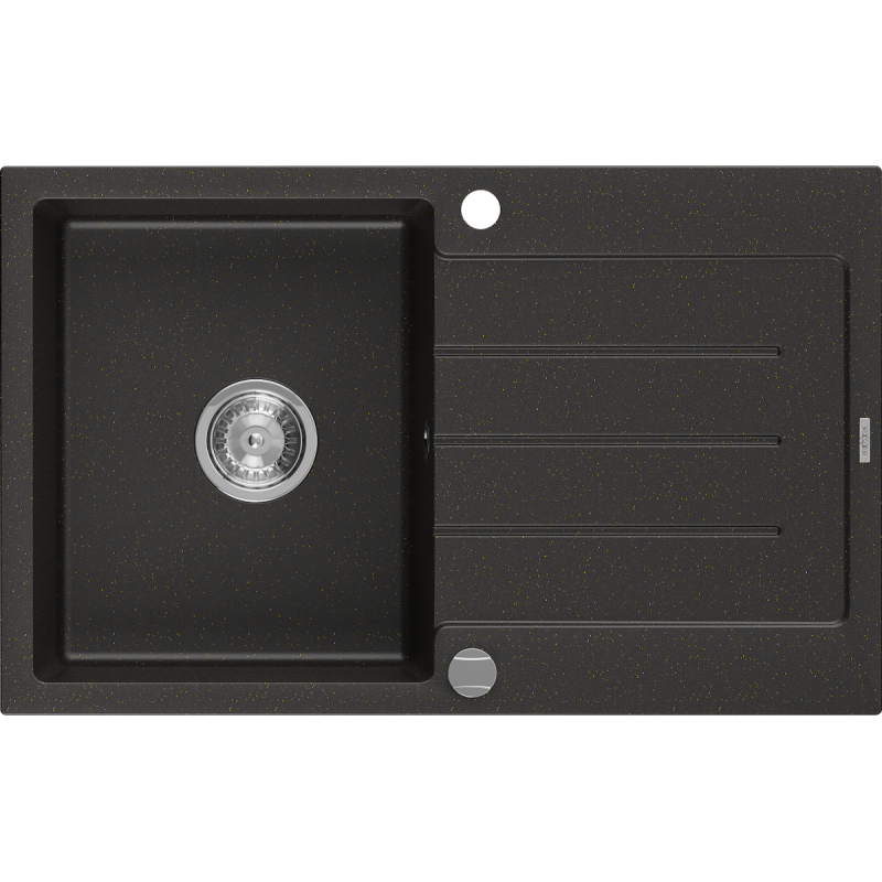 Mexen Bruno chiuvetă de granit cu o cuvă și picurător 795 x 495 mm, negru/auriu metalizat, sifon cromat - 6513791010-75