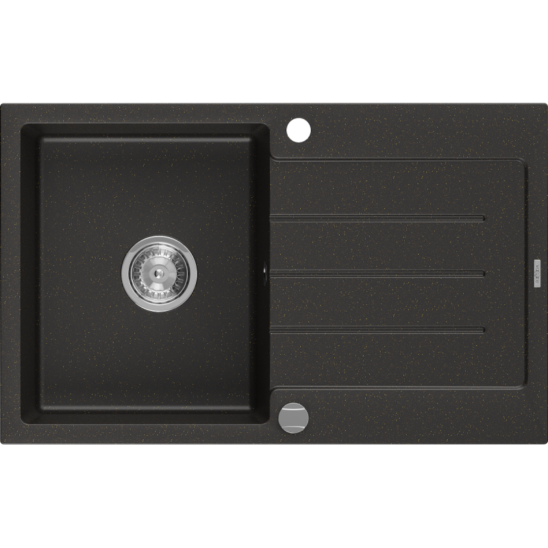Mexen Bruno chiuvetă granitică cu 1 compartiment cu scurgător 795 x 495 mm, negru/auriu metalizat, sifon crom - 6513791010-75