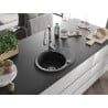 Mexen Kevin chiuvetă de granit cu un compartiment, cu picurător și baterie de bucătărie Savita, Neagră - 6517-77-672601-00