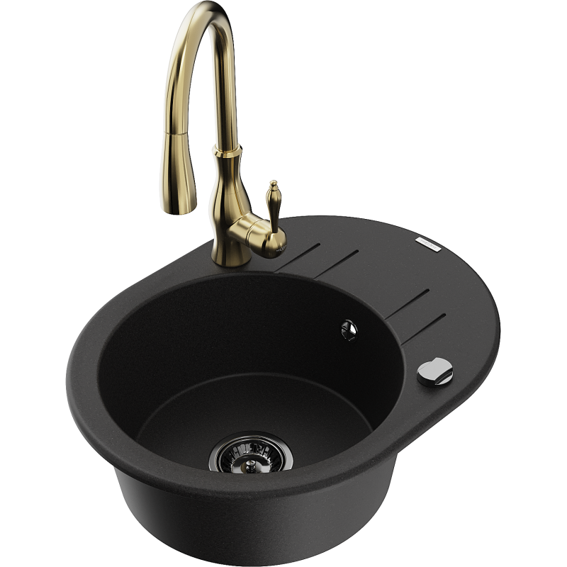 Mexen Kevin chiuvetă de granit cu o cuvă, cu scurgător și baterie de bucătărie Savita, negru - 6517-77-672601-50-B