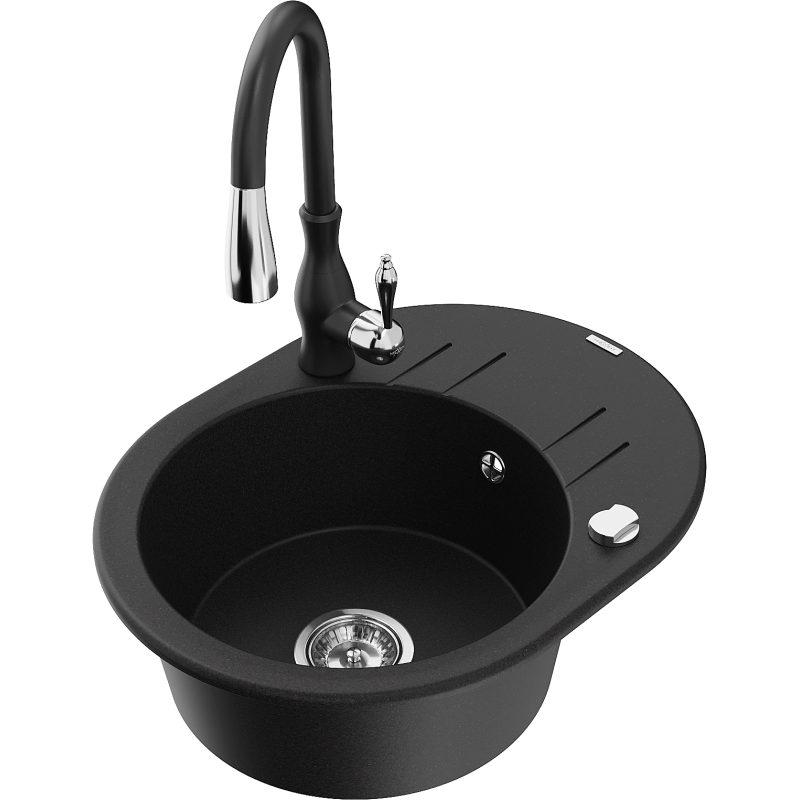 Mexen Kevin chiuvetă de bucătărie din granit cu o singură cameră cu scurgător și robinet Savita, negru