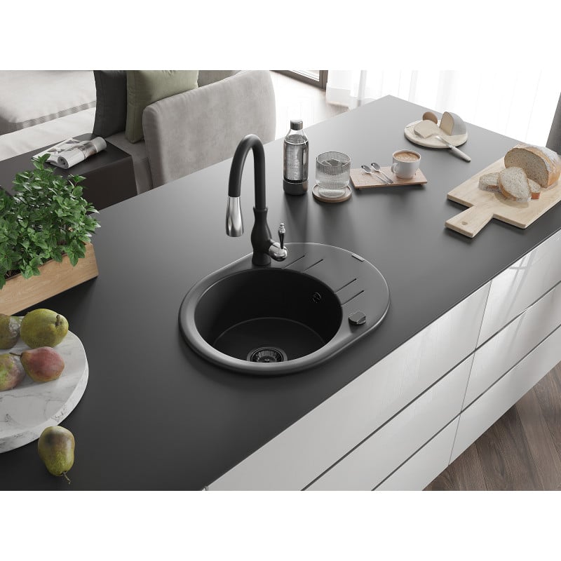 Mexen Kevin chiuvetă de bucătărie din granit cu 1 cuvă, cu scurgător și robinet Savita, negru - 6517-77-672601-70-B