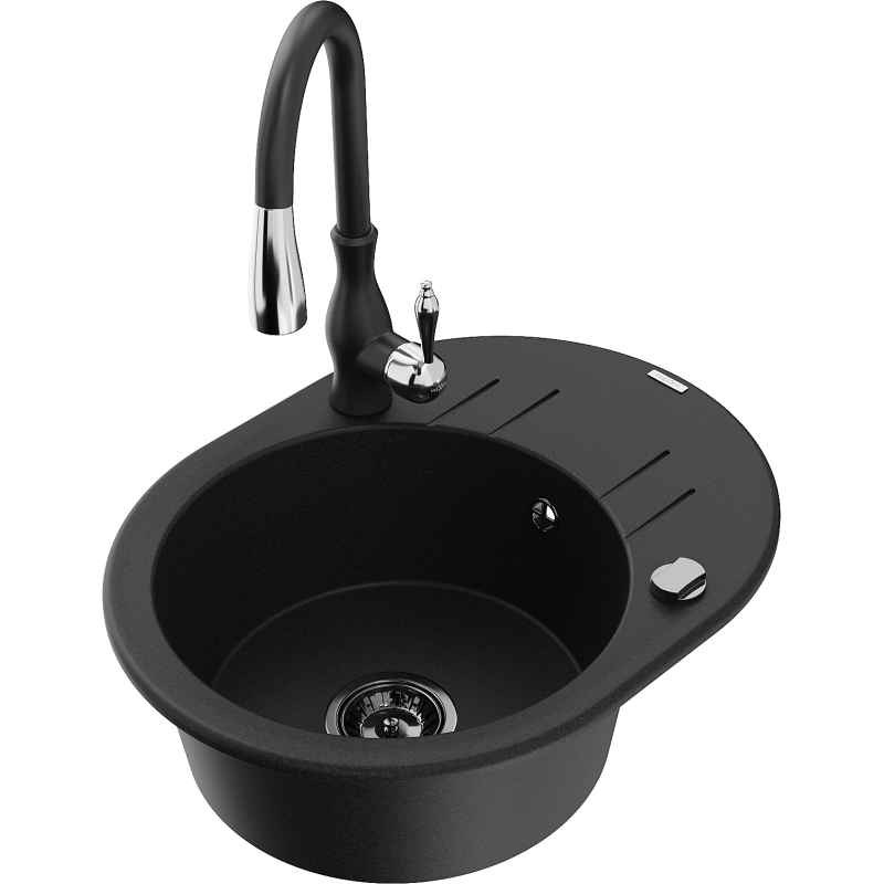 Mexen Kevin chiuvetă de bucătărie din granit cu 1 cuvă, cu scurgător și robinet Savita, negru - 6517-77-672601-70-B