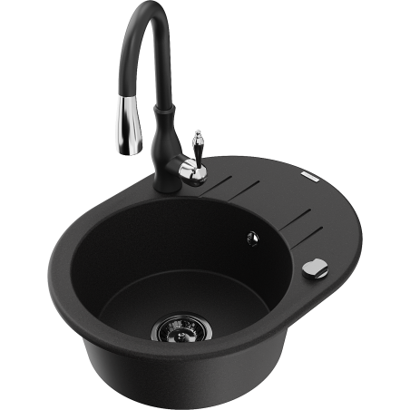 Mexen Kevin chiuvetă de bucătărie din granit cu 1 cuvă, cu scurgător și robinet Savita, negru - 6517-77-672601-70-B