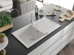 Mexen Leo egymedencés gránit mosogató elvezetővel és Carla konyhai csapteleppel, fehér - 6501-20-670700-00