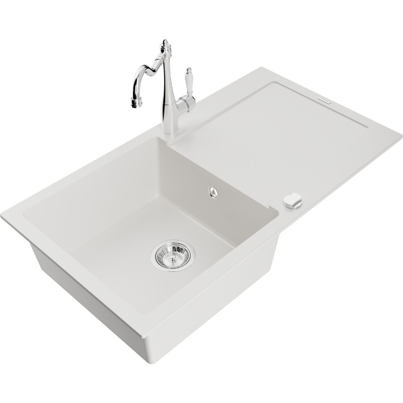 Mexen Leo chiuvetă de granit cu 1 compartiment și scurgător și baterie de bucătărie Carla, alb - 6501-20-670700-00