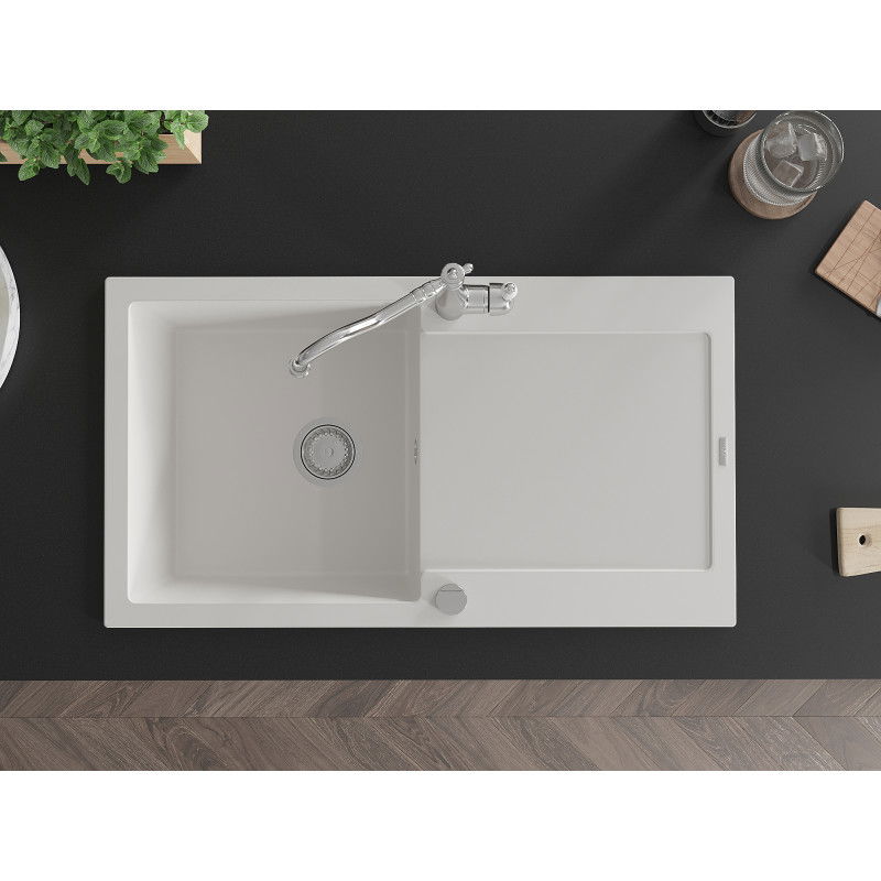 Mexen Leo egymedencés gránit mosogató elvezetővel és Carla konyhai csapteleppel, fehér - 6501-20-670700-00