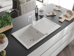 Mexen Leo 1 rekeszes, csepegtetős gránit mosogató és Carla konyhai csaptelep, fehér - 6501-20-670700-20