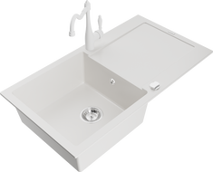 Mexen Leo 1 rekeszes, csepegtetős gránit mosogató és Carla konyhai csaptelep, fehér - 6501-20-670700-20