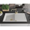Mexen Leo chiuvetă de granit cu un compartiment, cu picurător și baterie de bucătărie Carla, Albă - 6501-20-670700-50