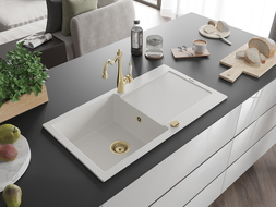 Mexen Leo egymedencés gránit mosogató csepegtetővel és Carla konyhai csappal, fehér - 6501-20-670700-50