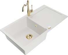 Mexen Leo chiuvetă de granit 1-cameră cu scurgător și baterie de bucătărie Carla, alb - 6501-20-670700-50