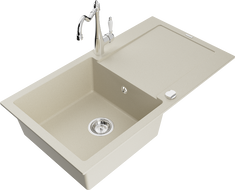 Mexen Leo gránit egykomponensű mosogató csepegtetővel és Carla konyhai csapteleppel, bézs - 6501-69-670700-00