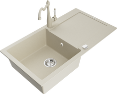 Mexen Leo gránit mosogató 1-medencés csepegtetővel és Carla konyhai csappal, bézs - 6501-69-670700-69