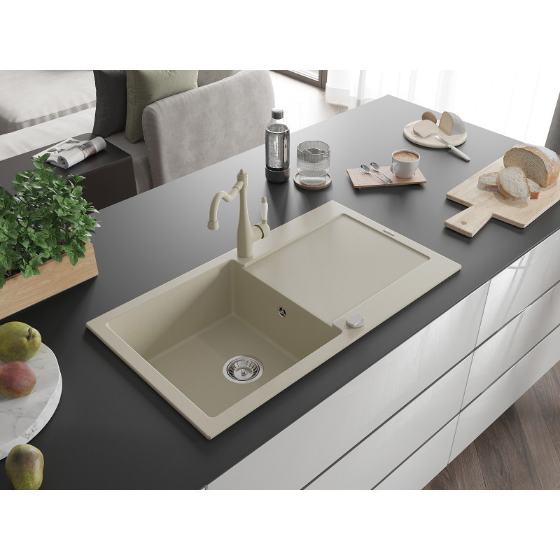 Mexen Leo chiuvetă de granit cu 1 cuvă cu scurgător și baterie de bucătărie Carla, bej - 6501-69-670700-69