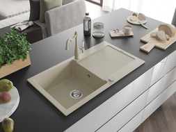 Mexen Leo gránit mosogató 1-medencés csepegtetővel és Carla konyhai csappal, bézs - 6501-69-670700-69
