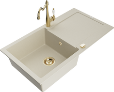 Mexen Leo chiuvetă de granit cu 1 cuvă cu scurgător și baterie de bucătărie Carla, bej - 6501-69-670700-50