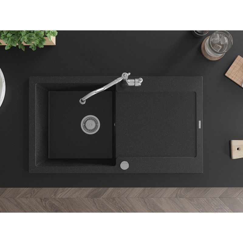 Mexen Leo chiuvetă de bucătărie din granit cu 1 compartiment, cu scurgător și baterie Carla, negru/argintiu metalizat