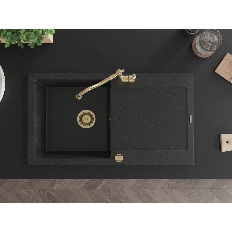 Mexen Leo gránit mosogató 1 rekeszes, csepegtetővel és Carla konyhai csappal, fekete/ezüst metál - 6501-73-670700-50