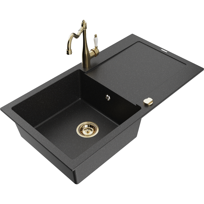 Mexen Leo chiuvetă de granit cu o singură cuvă, cu scurgător și baterie de bucătărie Carla, negru/argintiu metalizat