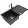 Mexen Leo chiuvetă de granit cu o singură cuvă, cu scurgător și baterie de bucătărie Carla, negru/argintiu metalizat