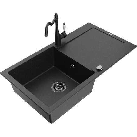 Mexen Leo egymedencés gránit mosogató csepegtetővel és Carla konyhai csappal, fekete/ezüst metál - 6501-73-670700-70-B