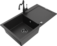 Mexen Leo egymedencés gránit mosogató csepegtetővel és Carla konyhai csappal, fekete/ezüst metál - 6501-73-670700-70-B