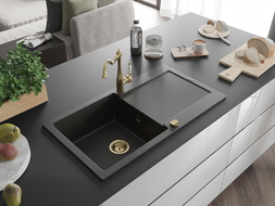 Chiuvetă Mexen Leo granit cu 1 compartiment și scurgător cu baterie Carla, negru/auriu metalic - 6501-75-670700-50