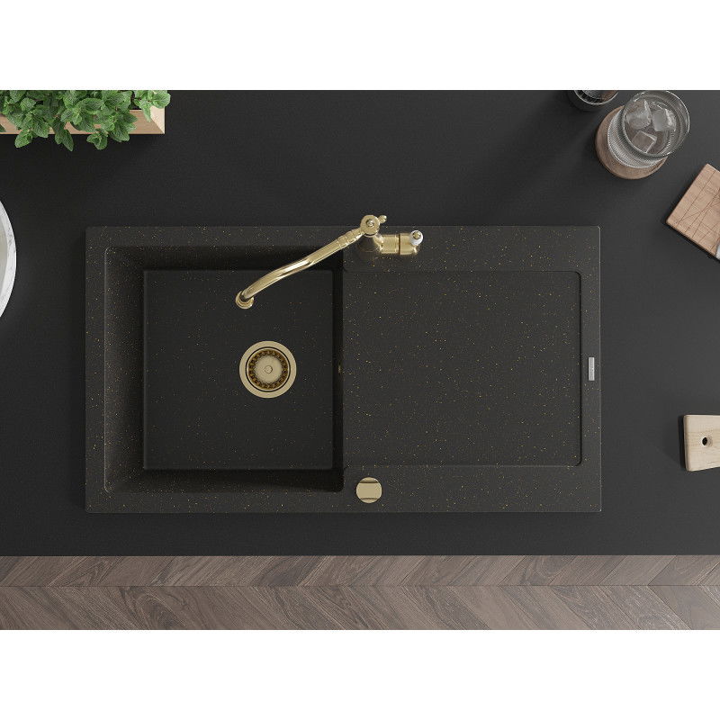 Mexen Leo chiuvetă de granit cu o cuvă și scurgător și baterie de bucătărie Carla, negru/auriu metalic - 6501-75-670700-50