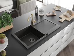 Mexen Leo chiuvetă de granit cu 1 cuvă cu scurgător și baterie bucătărie Carla, negru/auriu metalic - 6501-75-670700-50-B