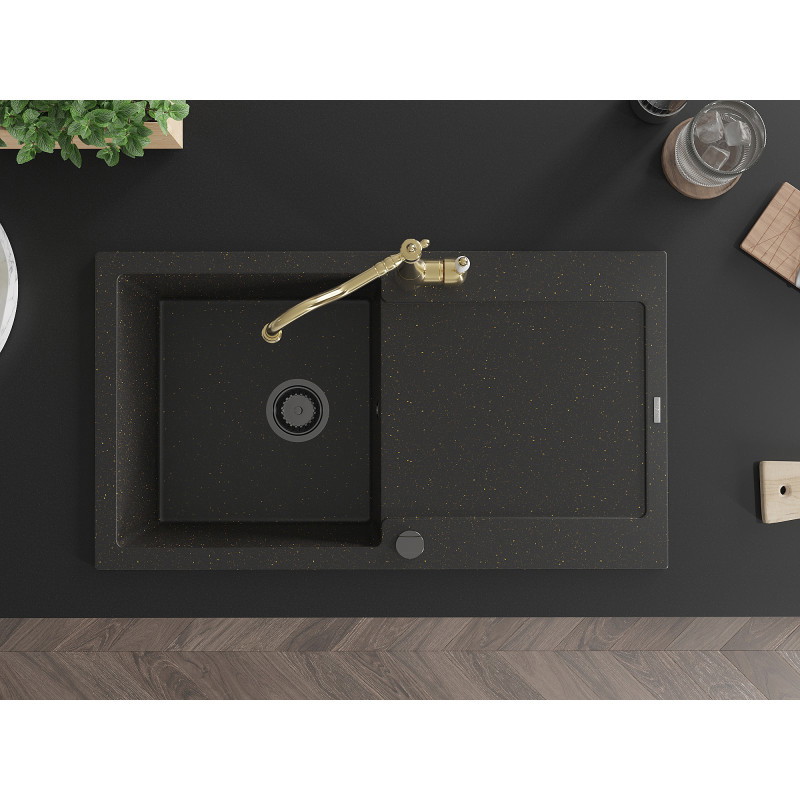 Mexen Leo chiuvetă de bucătărie din granit cu 1 cuvă și scurgător și baterie de bucătărie Carla, negru/auriu metalizat