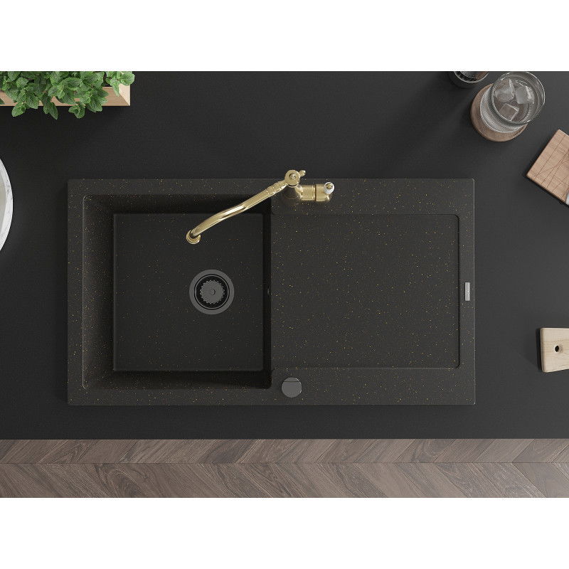 Mexen Leo chiuvetă din granit, cu o cuvă și scurgător, și baterie de bucătărie Carla, negru/auriu metalic - 6501-75-670700-50-B
