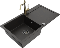 Mexen Leo egymedencés gránit mosogató csepegtetővel és Carla konyhai csapteleppel, fekete/arany metál - 6501-75-670700-50-B